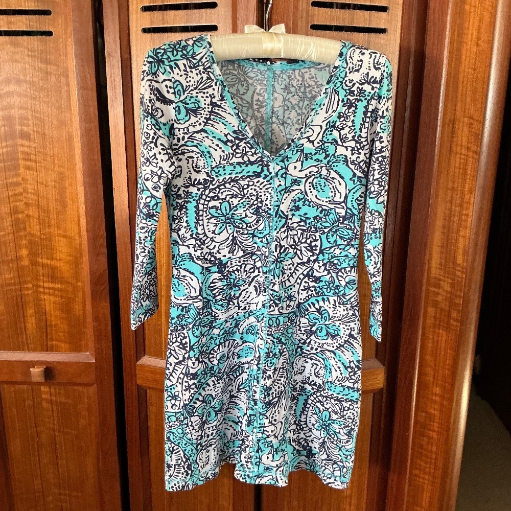 Lilly Pulitzer Womens Juliet Dress Blue WhiteV-Neck Size XS Floral 3/4 Sleeve